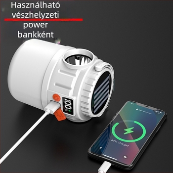 Kempinglámpa két fényforrással, kültéri LED napenergia világítással, digitális kijelzővel és újratölthető akkumulátorral