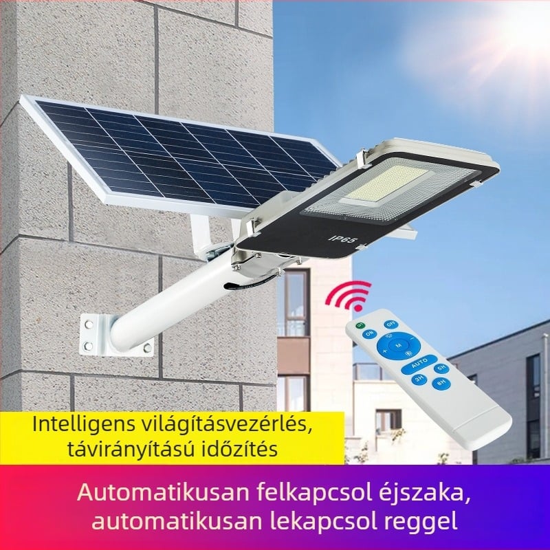 Napelemes LED utcai lámpa vidéki és önkormányzati utakhoz, kültéri IP65 vízálló, aranybab alakú dizájn, távirányító, 12V, 24–36 óra üzemidő