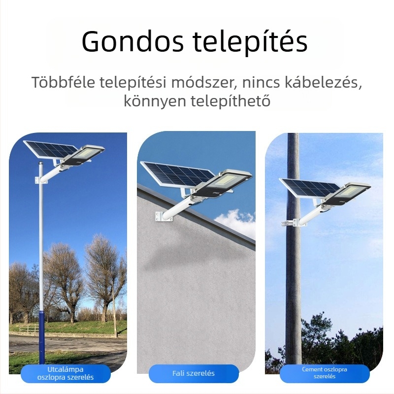 Napelemes LED utcai lámpa vidéki és önkormányzati utakhoz, kültéri IP65 vízálló, aranybab alakú dizájn, távirányító, 12V, 24–36 óra üzemidő
