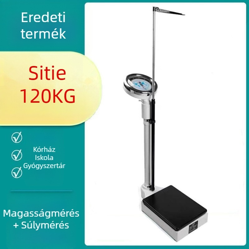 Magasság- és testsúlymérő készülék, mechanikus, 120 kg kapacitás, kórházi és iskolai használatra