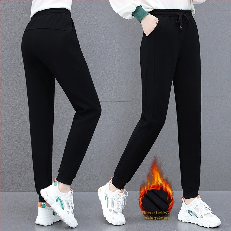 Női téli fleece-béléses, vastag, kényelmes sportos jogger nadrág, magas derekú és szoros szárú fazon