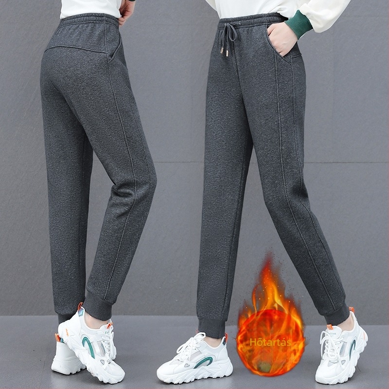 Női téli fleece-béléses, vastag, kényelmes sportos jogger nadrág, magas derekú és szoros szárú fazon