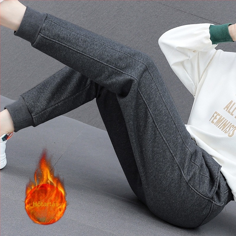 Női téli fleece-béléses, vastag, kényelmes sportos jogger nadrág, magas derekú és szoros szárú fazon