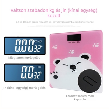 USB újratölthető testsúlymérleg, otthoni használatra, 180 kg kapacitás, LCD háttérvilágítású kijelző, 4 mm üveg, rajzfilm dizájn