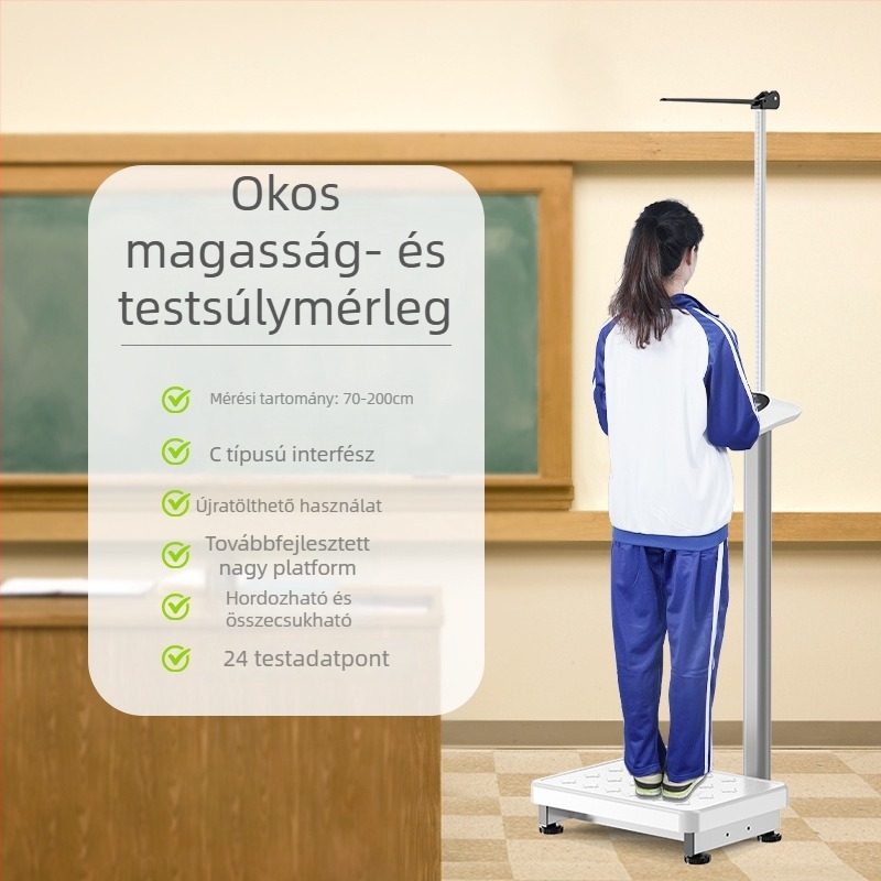 Testmagasság és testsúly – mindent egyben elektromos mérleg Bluetooth-kapcsolattal, testzsírszámláló, otthoni és iskolai használatra