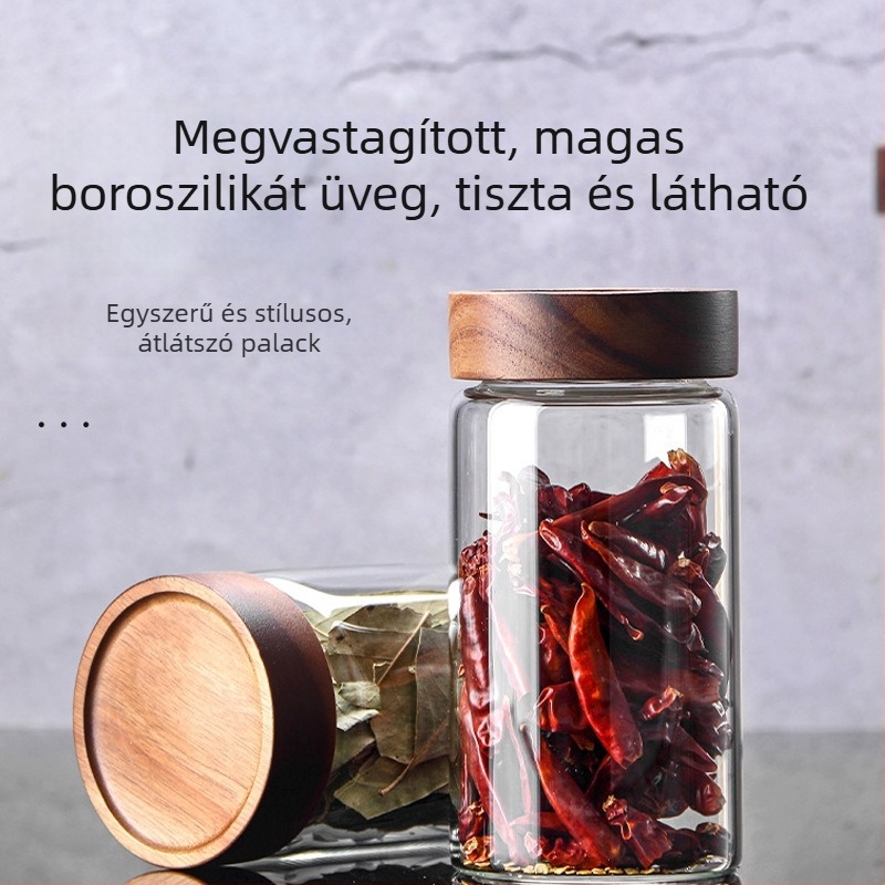 Magas boroszilikát üveg hermetikusan záródó tárolóedény a konyhában, akácfa és bambusz fedővel – teás doboz