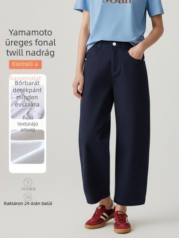 Női magas derekú, drapírozott Yamamoto-stílusú széles lábú nadrág, 3/4 hosszúságú, kis méretű nőknek