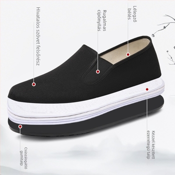 Fekete vászoncipő, hagyományos régi pekingi kézműves, marhaín talppal és slip-on rugalmas nyílással