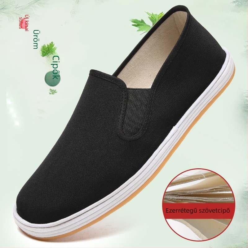 Fekete vászoncipő, hagyományos régi pekingi kézműves, marhaín talppal és slip-on rugalmas nyílással