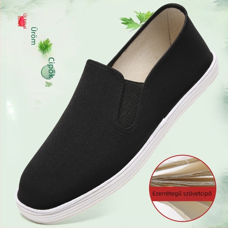 Fekete vászoncipő, hagyományos régi pekingi kézműves, marhaín talppal és slip-on rugalmas nyílással