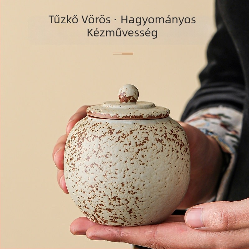 Retro vörös kerámia teás tároló zárható fedéllel, kis tárolóedény teához, Kung Fu tea kiegészítők