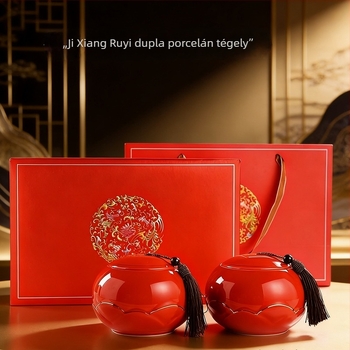 Kerámiás teás kannás készlet ajándékdobozban piros glazúrral, zárható 800 ml-es üveg, kézzel festett arany mintával, méretei 34×22×13 cm, nemzeti stílusú teás kanna, ajándék doboz