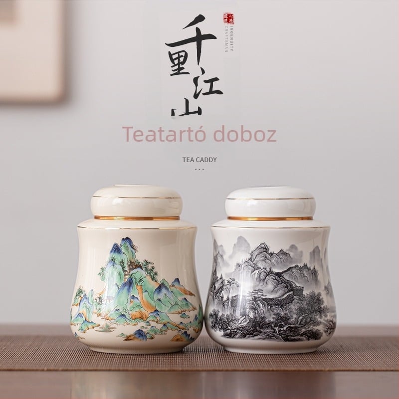 Kerámia tea tároló edény zárható fedéllel, kínai stílusú motívummal, mintázat: ezer folyó és hegy, 750 ml, tea készlet kiegészítők