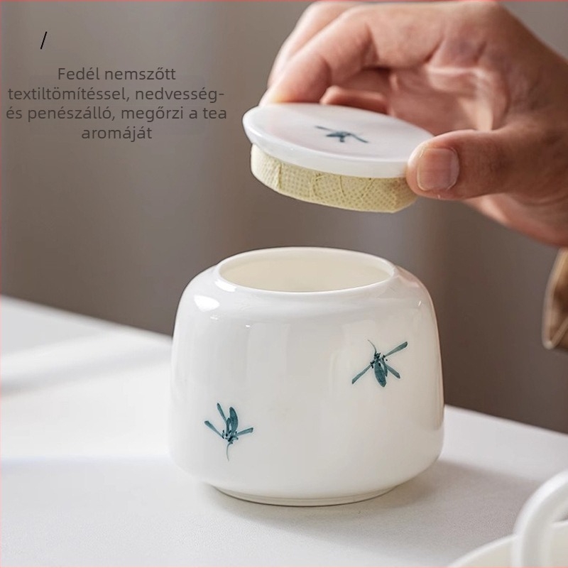 Kézzel festett fehér porcelán teás doboz, kis méretű, nedvességálló zöld tea és Pu'er tea számára