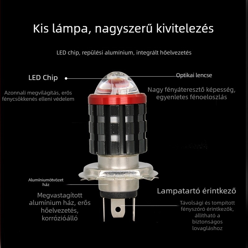 Motorkerékpár LED fejfény H4, nagy fényerősségű első lámpa, alumínium kivitelben, beépített acél ágyú