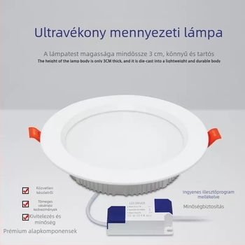 LED mennyezeti downlight, ultra vékony, beépíthető, 5–18W, 6500K hideg fehér, CRI ≥90, ideálisan nappalira és hálószobára