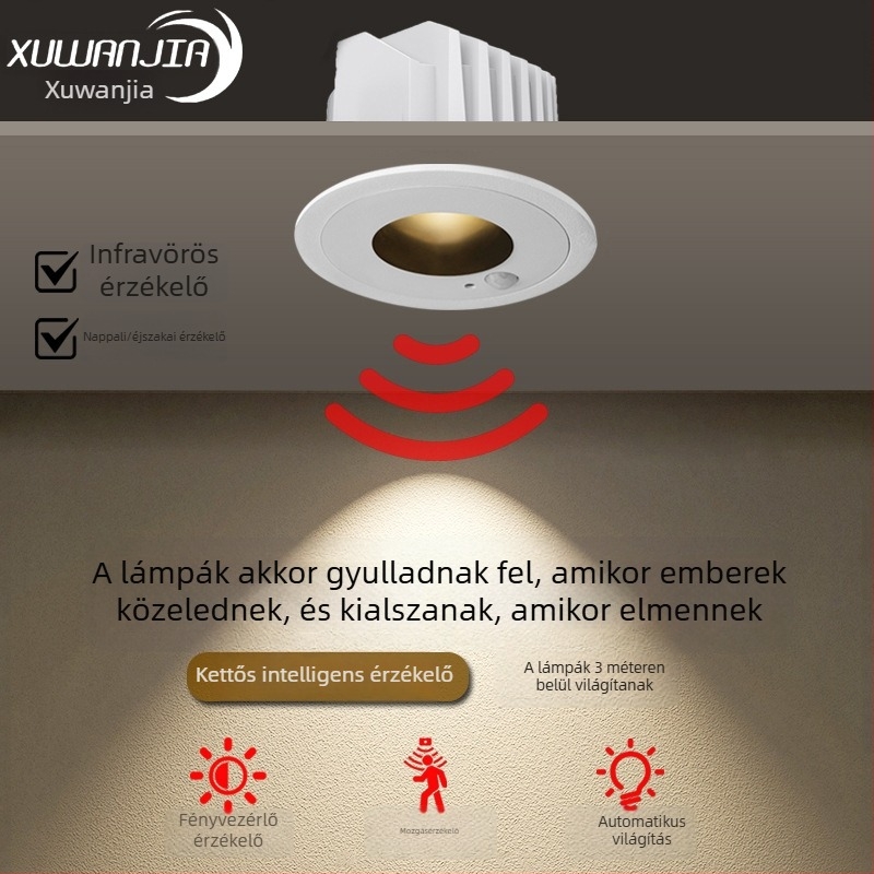Okos beépített spot mozgásérzékelővel – folyosókhoz és bejáratokhoz | anti-reflektív LED downlight, alumínium ház