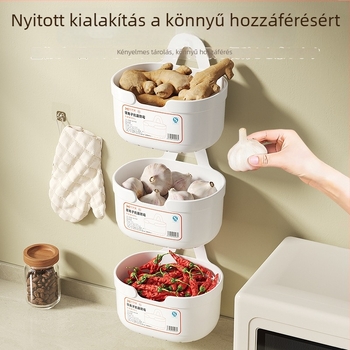 Fali szerelhető tárolókosár hagyma, gyömbér és fokhagyma számára a konyhában
