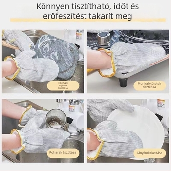 Acéldrótos mosogatókesztyű, hosszított kivitel, vízálló, hőszigetelő, vastagított, tartós háztartási használatra.