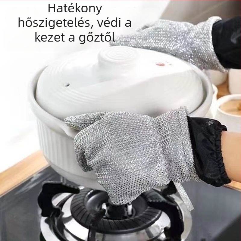 Acéldrótos mosogatókesztyű, hosszított kivitel, vízálló, hőszigetelő, vastagított, tartós háztartási használatra.