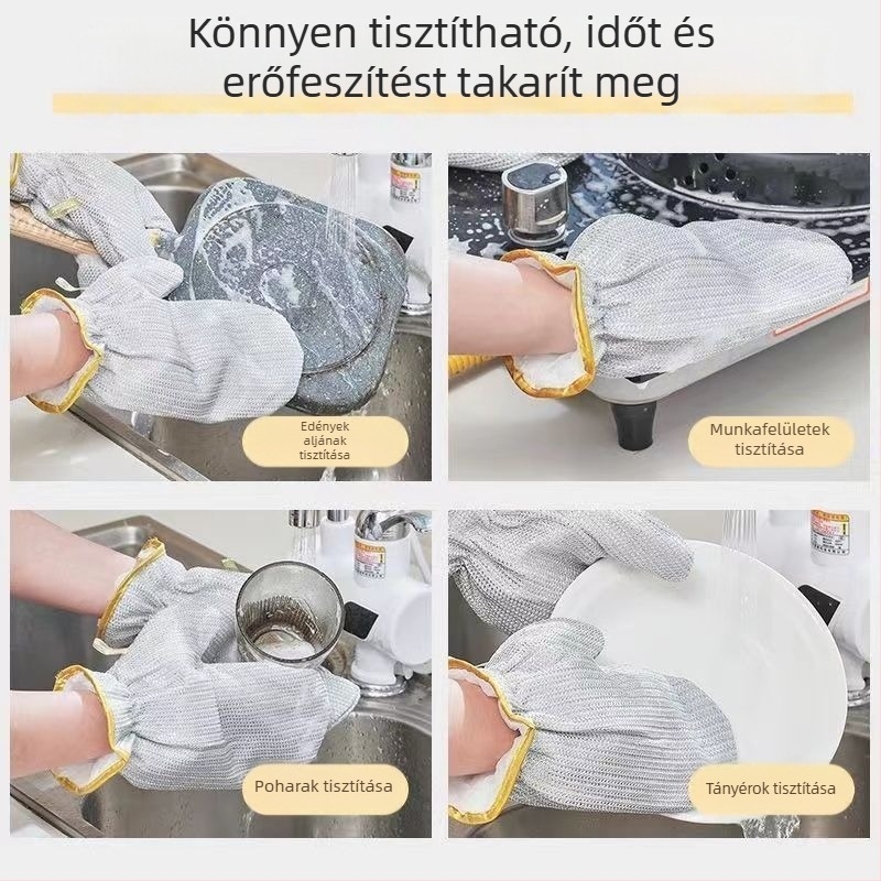 Acéldrótos mosogatókesztyű, hosszított kivitel, vízálló, hőszigetelő, vastagított, tartós háztartási használatra.