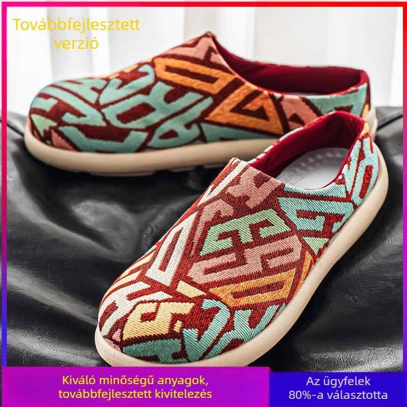 Férfi vászon slip-on cipő színblokkolt hímzéssel, légáteresztő, csúszásmentes talppal, Birkenstock-stílusú kényelmes lábbeli