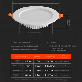 Ultra vékony LED beépített mennyezeti lámpa, alumínium ötvözetből, kör alakú, reflexió- és párásodás elleni funkcióval, 220V, 3000–6000K, nyílás mérete 75–170 mm, teljes méret 98–185 mm