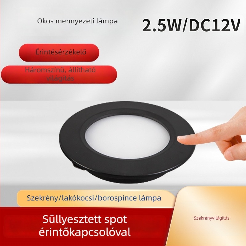 LED érintéses világítás szekrényekhez intelligens szenzorral, beépített 12V, kompakt downlight gardróbokhoz és vitrínákhoz