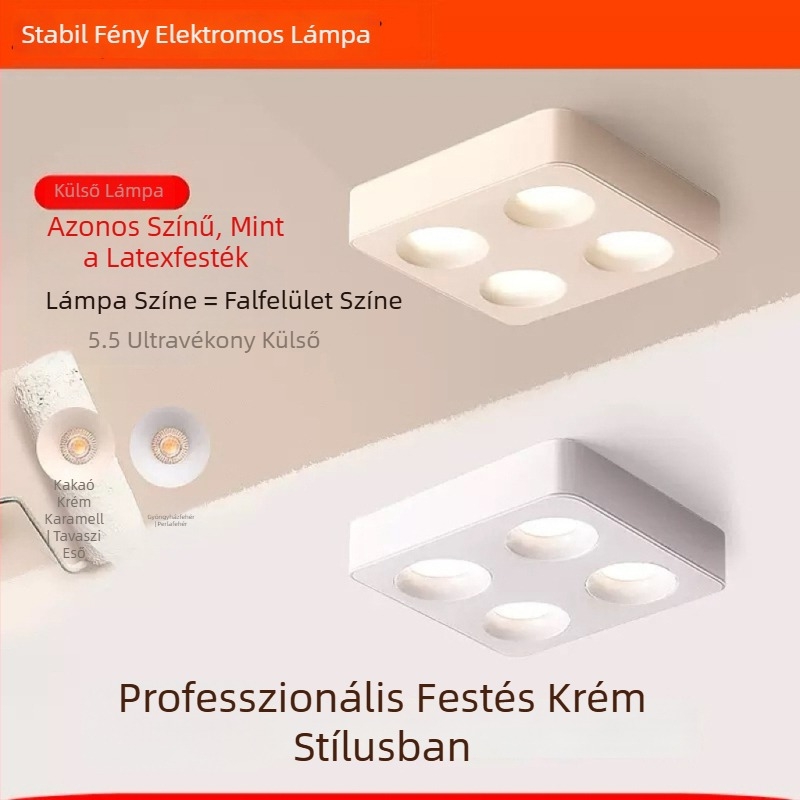 Négyfejű mennyezeti spotlámpa, ultra vékony kivitel, felületre szerelhető, krémes árnyalat latexfestékkel kakaó-tej színben.