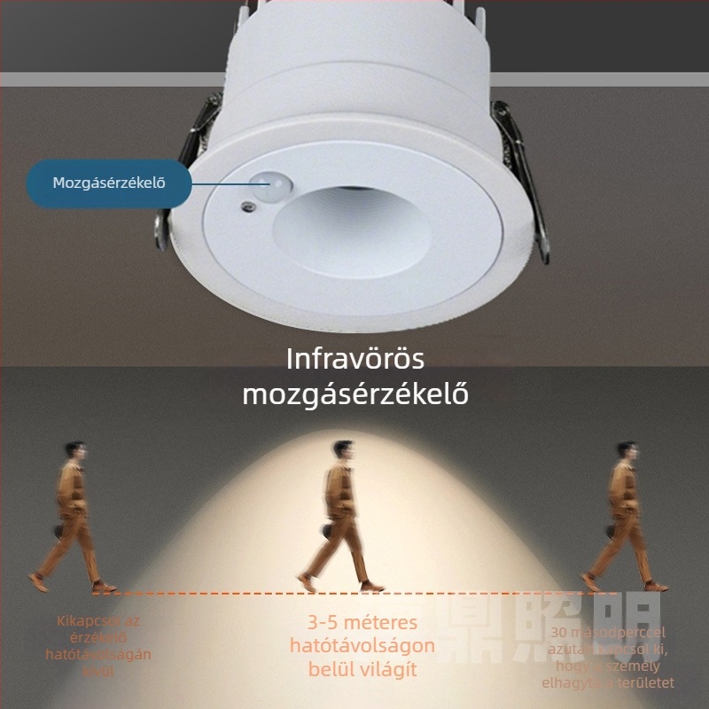 Beépíthető LED szenzoros downlight folyosókra, lépcsőházba és bejárathoz - közeledésre világít, radar szenzorral, 3000K meleg fehér