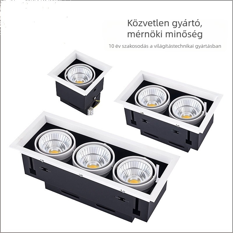 COB LED mennyezeti spot lámpa kétfejű/egyfejű/háromfejű, négyzet alakú rácsos kivitel, beépített, kereskedelmi használatra