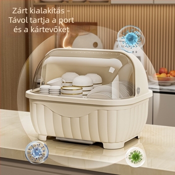 Krémszínű edény- és evőeszköz tároló doboz otthoni konyhához vagy kollégiumi szobához, fedéllel, porvédett, szekrénybe helyezhető, lecsöpögtető polccal