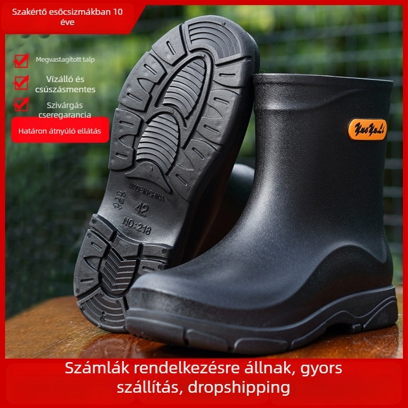 Férfi esőcsizmák középmagasságú, vastagított kopásálló pamut bélés, csúszásmentes, meleg fleece bélés