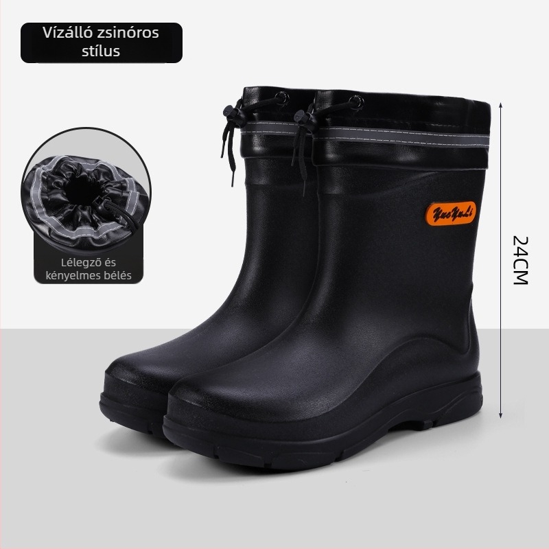 Férfi esőcsizmák középmagasságú, vastagított kopásálló pamut bélés, csúszásmentes, meleg fleece bélés