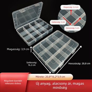 Átlátszó PP műanyag tároló doboz fedéllel, 12 rekesz a hardver- és elektronikai alkatrészekhez, téglalap alakú, közepes-nagy méret.