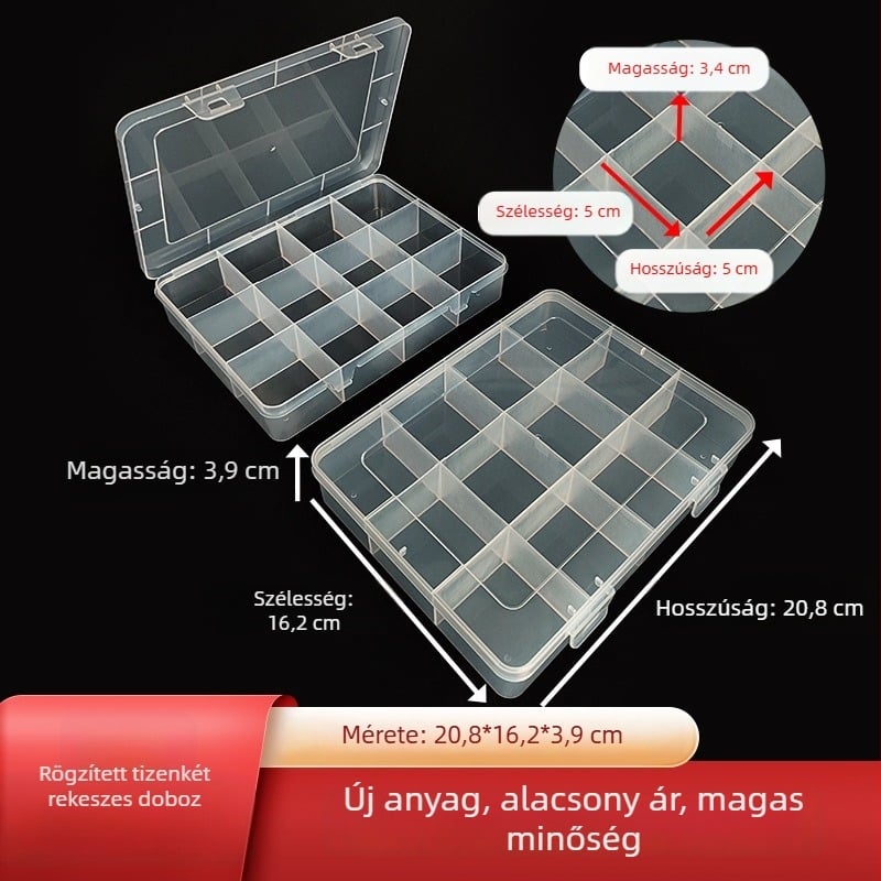 Átlátszó PP műanyag tároló doboz fedéllel, 12 rekesz a hardver- és elektronikai alkatrészekhez, téglalap alakú, közepes-nagy méret.
