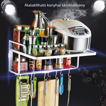 Konyhai mikrohullámú sütő polc űr–alumíniumból, 2 szintes, falra szerelhető, 10 kampóval, multifunkcionális
