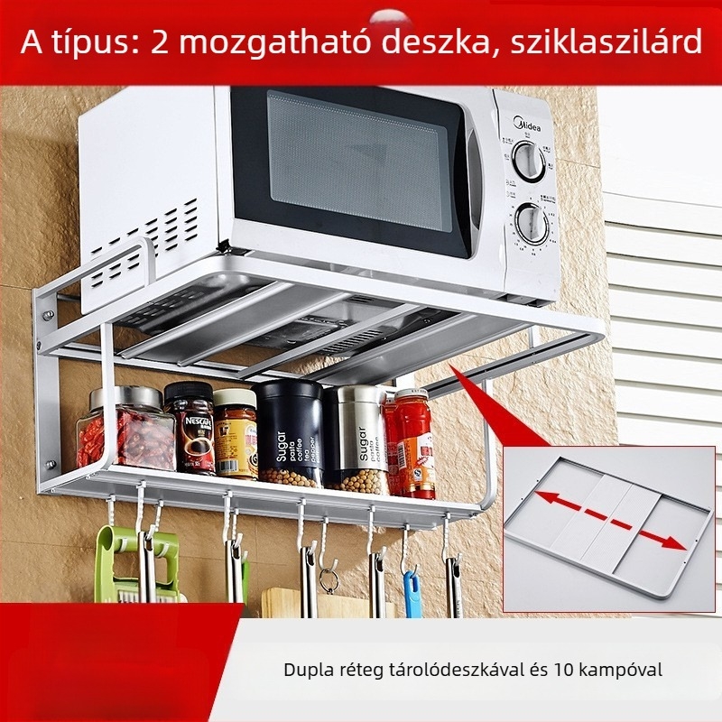 Konyhai mikrohullámú sütő polc űr–alumíniumból, 2 szintes, falra szerelhető, 10 kampóval, multifunkcionális