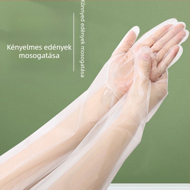 Egyszer használatos, vastagított kopásálló kesztyűk hosszú mandzsettával, mosogatáshoz és háztartási használatra