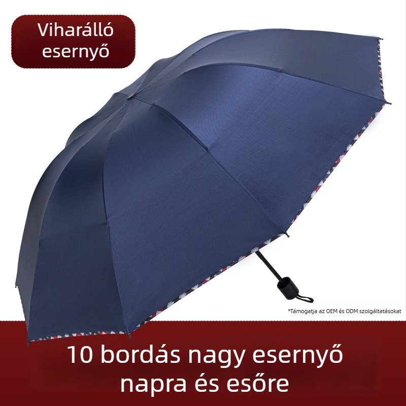 Nagy méretű, uniszex esernyő két-három személy részére, esőre és napra, összecsukható, megerősített vázzal.