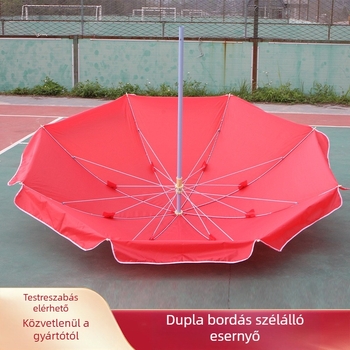 Kültéri standokhoz készült napernyő, nagy reklámnapernyő logóval, középső oszlop, 8 bordás váz, nejlon anyagú textile, kézi nyitás