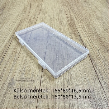 Átlátszó PP tároló doboz fedéllel, téglalap alakú, méretei 165 × 89 × 16,5 mm