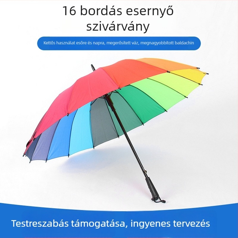 16 bordás esernyő hosszú nyéllel, szivárványos, automata, logónyomtatás reklámcélnak