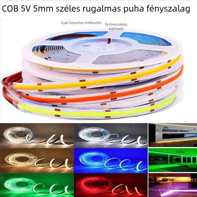 5V COB LED szalag, 320 LED, szélesség 5 mm/8 mm, vágásra alkalmas, egyszínű, csatornás világítás