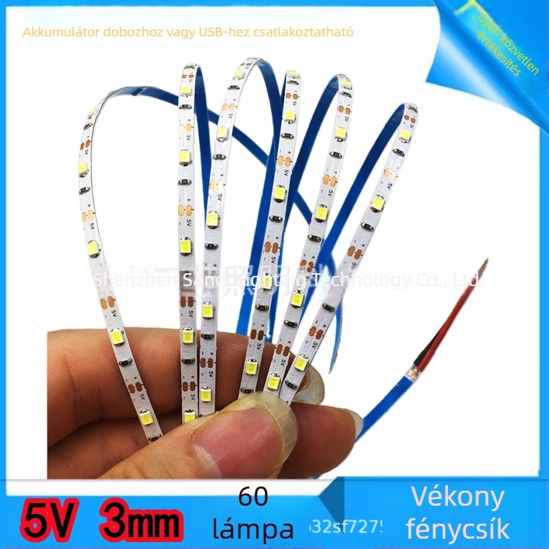 Ultra vékony 3 mm-es LED-szalag, 5 V, 60 LED, állítható fényerő, makettekhez és kézműves projektekhez