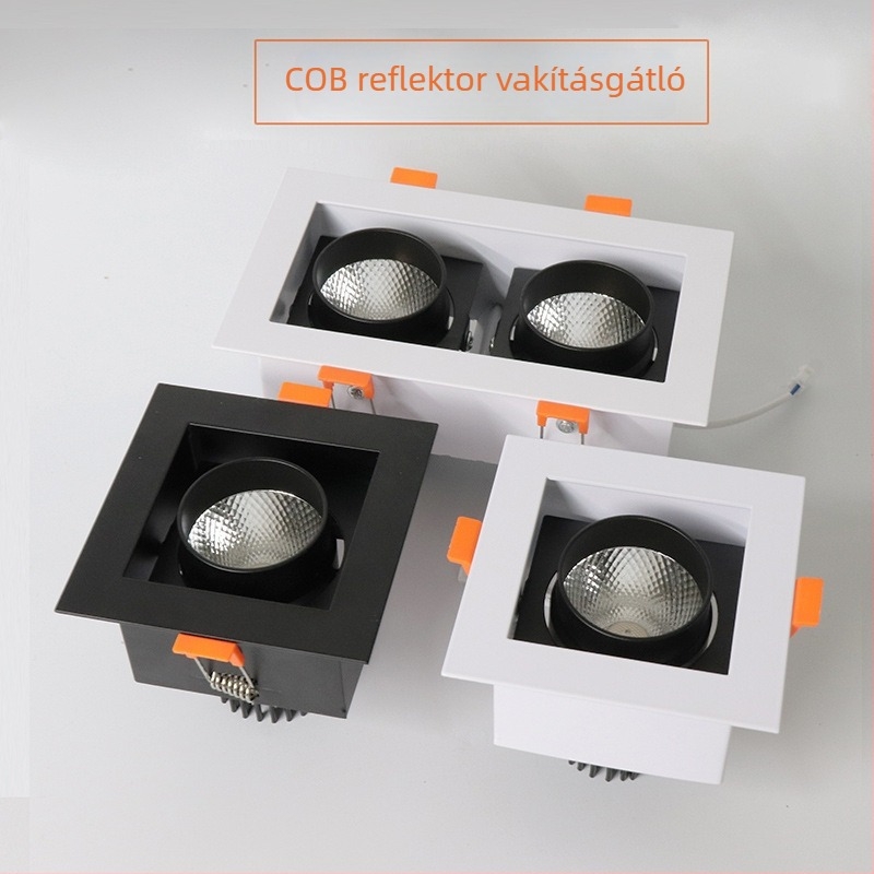 LED dupla fejű COB spotlámpa mennyezetre, antireflektív, négyzetes rács, fekete
