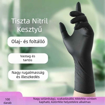 Fekete egyszer használatos nitril kesztyűk, magas rugalmasság, dobozos csomagolásban 100 darab, vízálló, olaj- és foltálló, háztartási takarításra