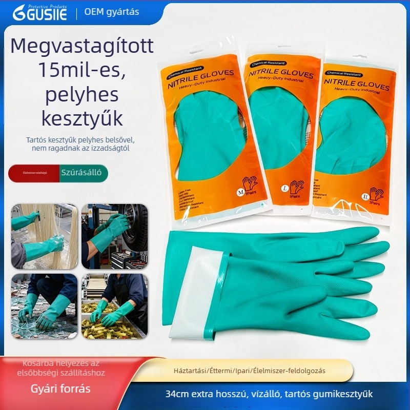 Blue Guard nitril flockos kesztyűk, egyszer használatos, háztartási mosogatáshoz, hosszúak és vastagítottak, csúszásmentesek, sav- és lúgállóak, élelmiszer-minőségű