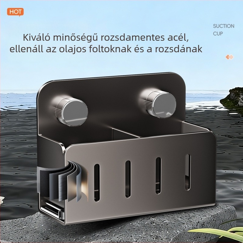 Rozsdamentes acélból készült falra szerelhető konyhai tároló vákuumos rögzítőkkel, fúrás nélkül, szellőző, többfunkciós tároló pálcikákhoz, kanalakhoz és spatulákhoz