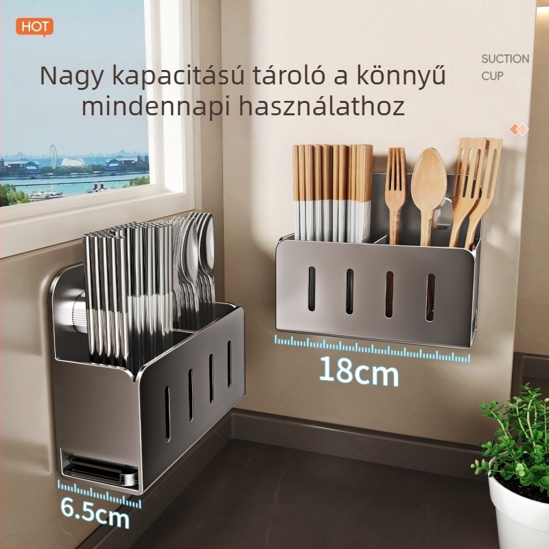 Rozsdamentes acélból készült falra szerelhető konyhai tároló vákuumos rögzítőkkel, fúrás nélkül, szellőző, többfunkciós tároló pálcikákhoz, kanalakhoz és spatulákhoz